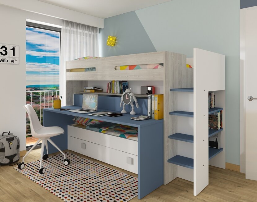 Hoogslaper Spectra Blauw met bureau en bed