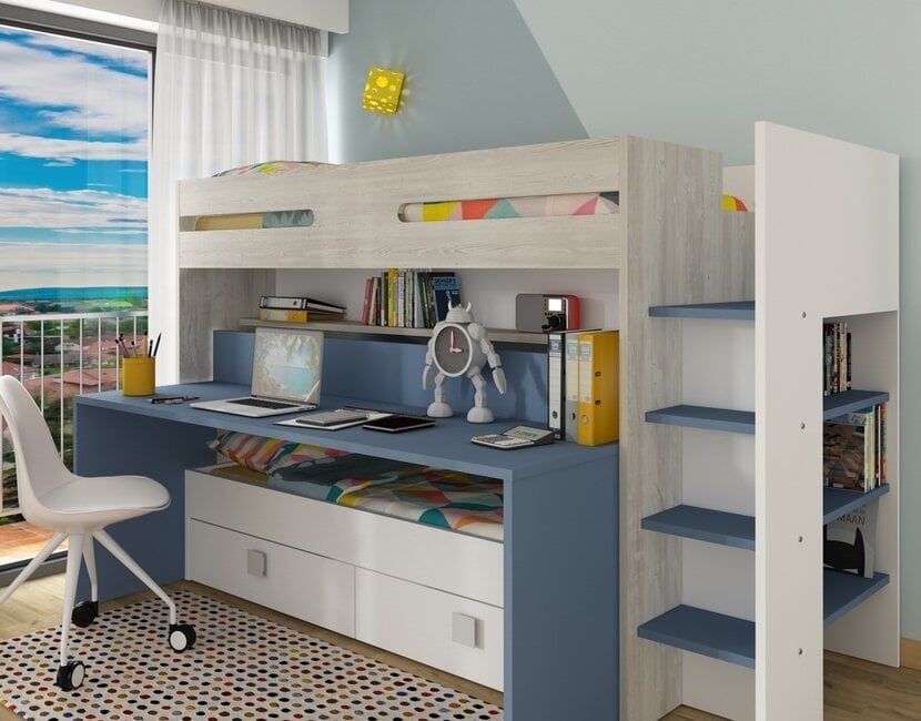 Hoogslaper Spectra Blauw met bureau en bed