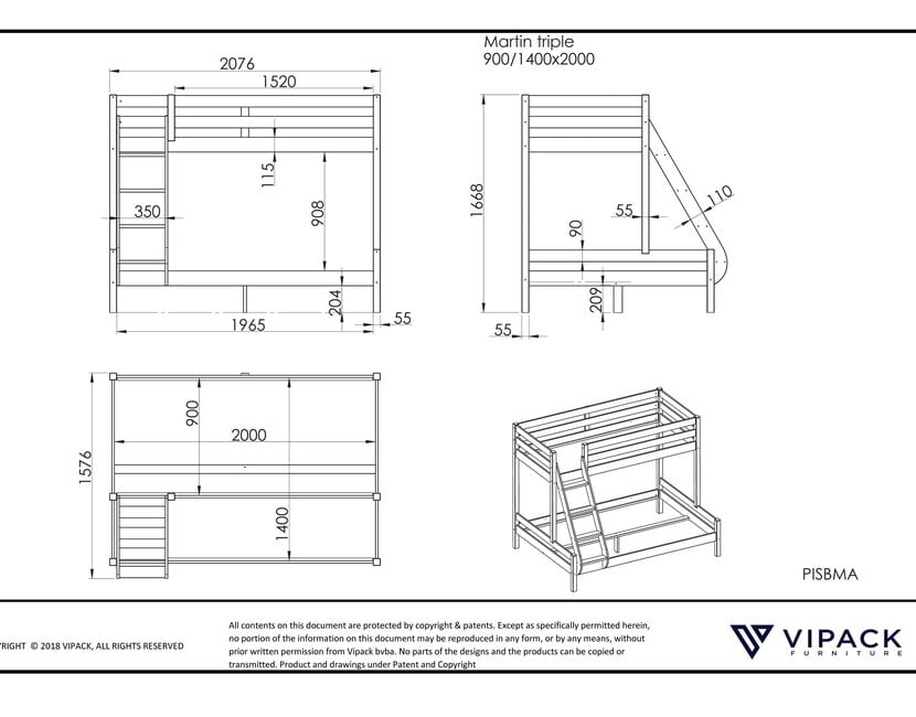 3 persoons stapelbed Martin - Wit - 140x200