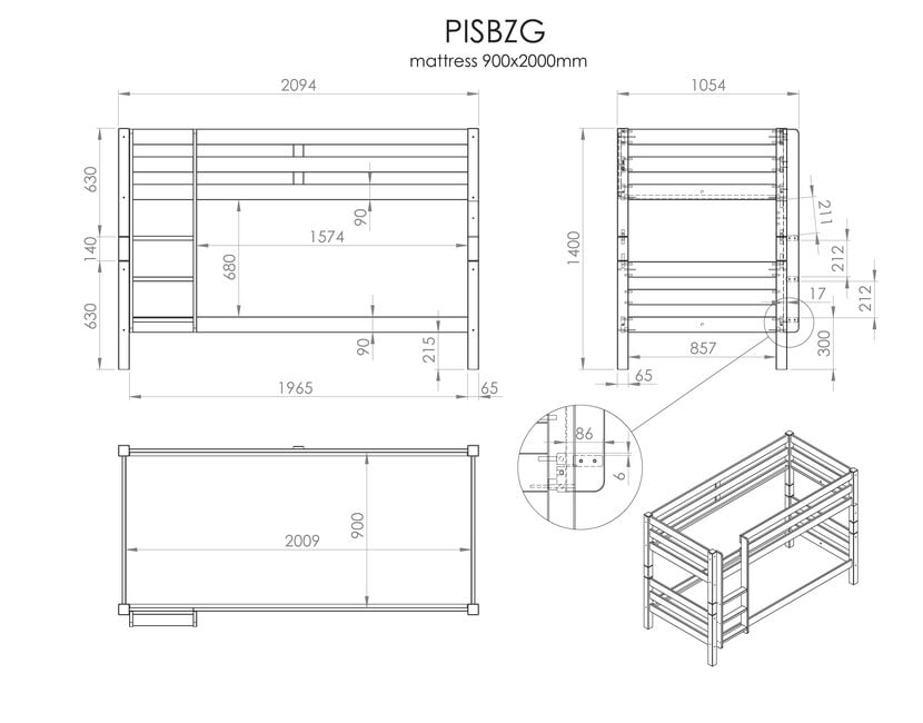 Stapelbed Wit PINO  - 140 cm hoog