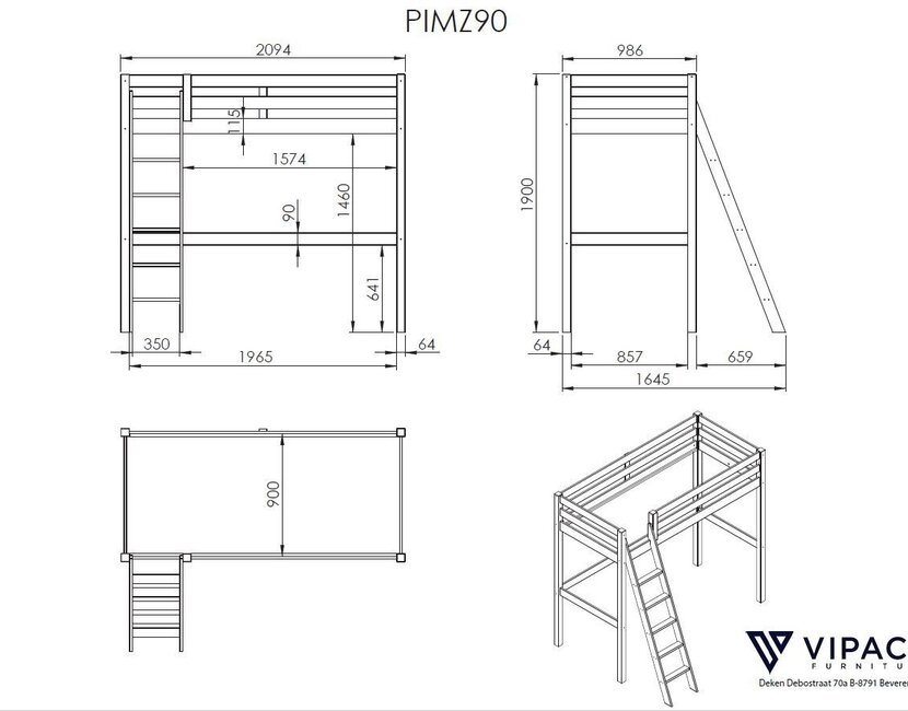 Hoogslaper met bureau Wit PINO - 90x200cm