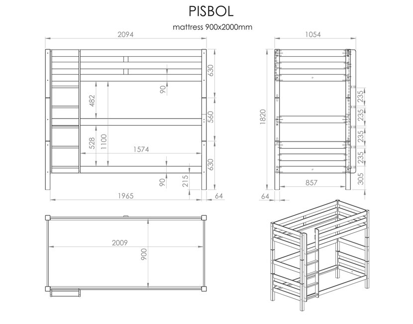 Stapelbed Wit PINO  - 180 cm hoog