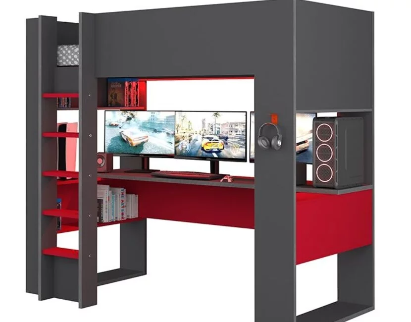 Hoogslaper gamingbed - Antraciet met Rood