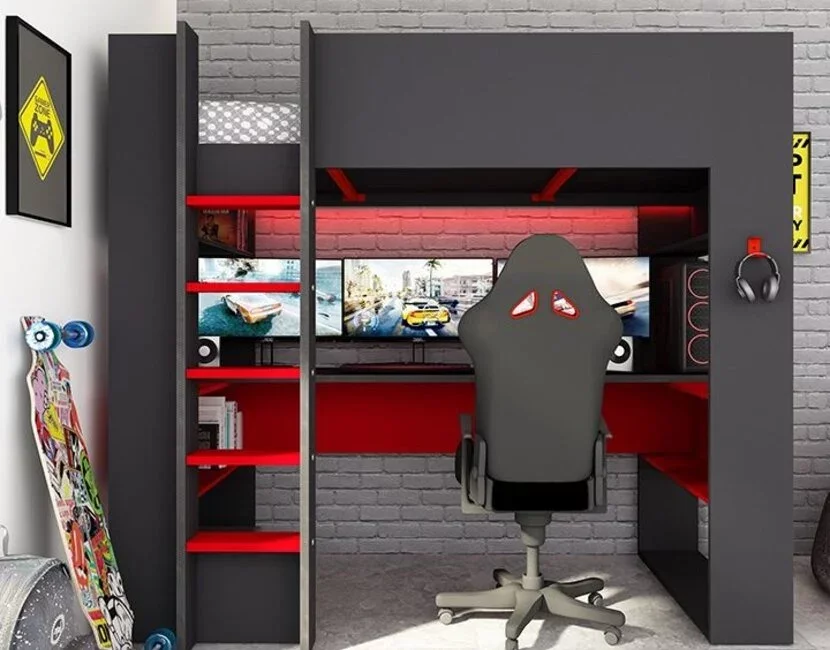 Hoogslaper gamingbed - Antraciet met Rood