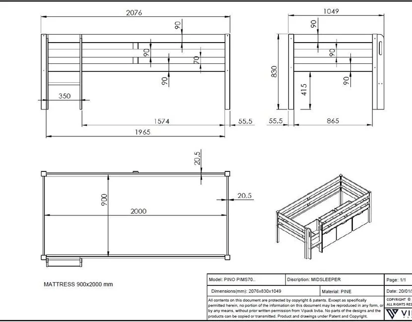 Halfhoogslaper Pino - Grijs - 90x200cm - alleen het bed (variant 1)