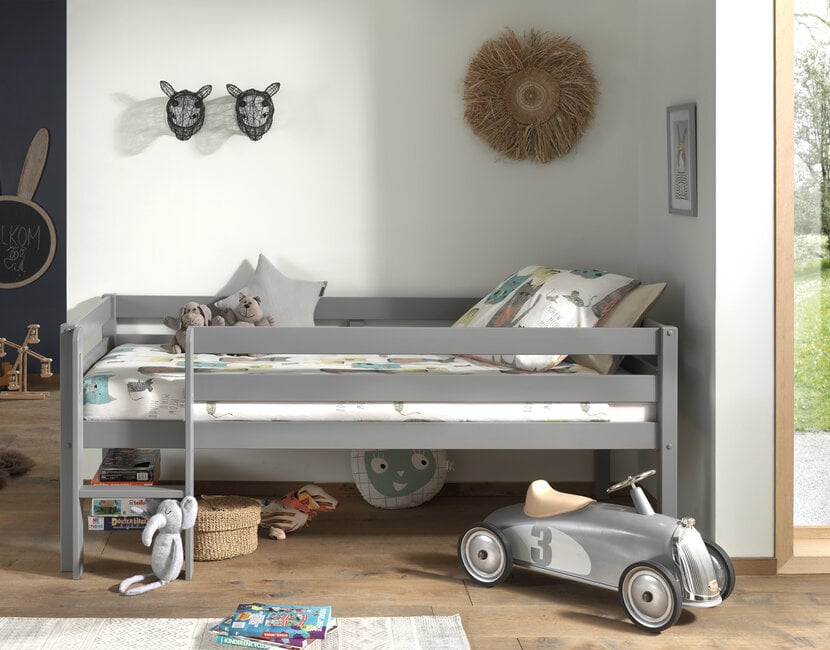 Halfhoogslaper Pino - Grijs - 90x200cm - met glijbaan en bedplank (variant 3)
