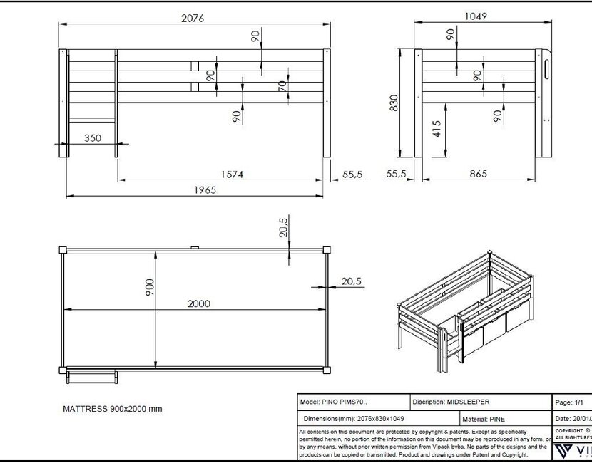Halfhoogslaper Pino - Grijs - 90x200cm - met glijbaan en bedplank (variant 3)