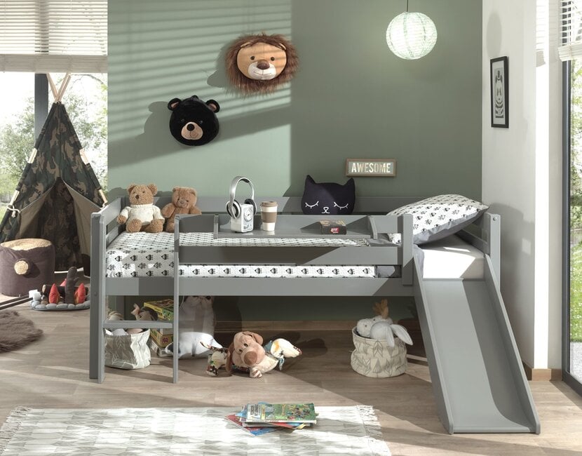 Halfhoogslaper Pino - Grijs - 90x200cm - met glijbaan en bedplank (variant 3)