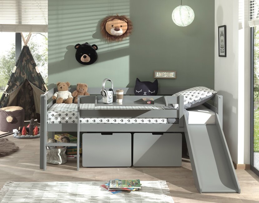 Halfhoogslaper Pino - Grijs - 90x200cm - met glijbaan, 2 lades en bedplank (variant 4)