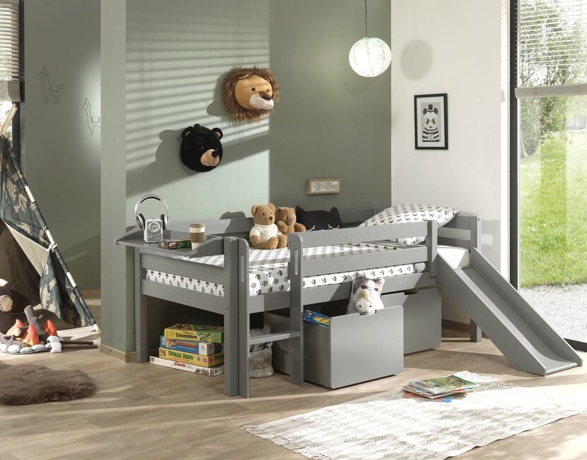 Halfhoogslaper Pino - Grijs - 90x200cm - met glijbaan, 2 lades en bedplank (variant 4)