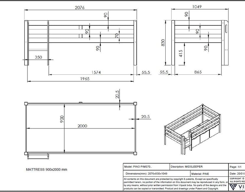Halfhoogslaper Pino - Wit - 90x200 - met glijbaan en bedplank (variant 3)