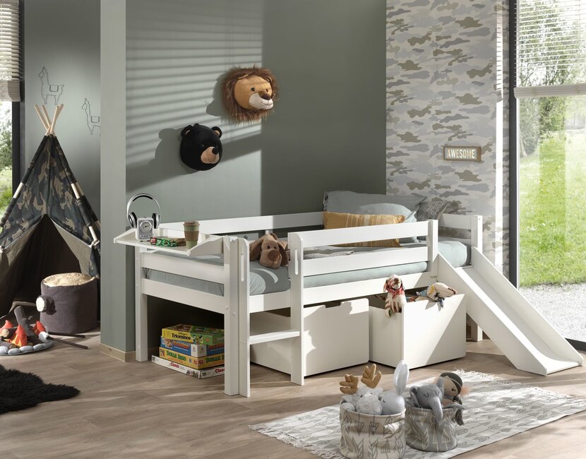 Halfhoogslaper Pino - Wit - 90x200 - met glijbaan en bedplank (variant 3)