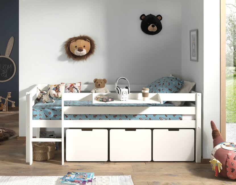 Halfhoogslaper Pino - Wit - 90x200 - met glijbaan, 2 lades en bedplank (variant 4)