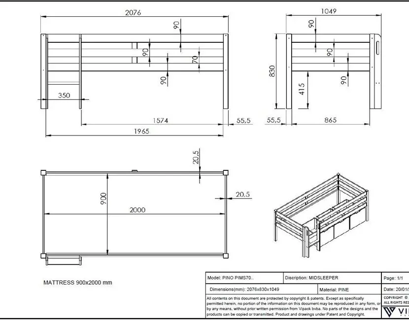 Halfhoogslaper Pino Wit 90x200