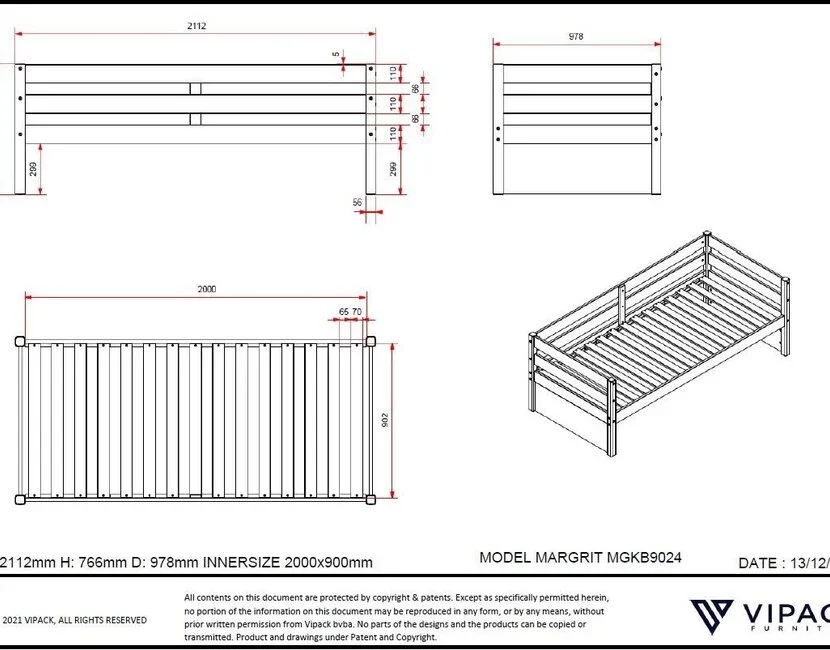 Bedbank Margrit met slaaplade 90x200