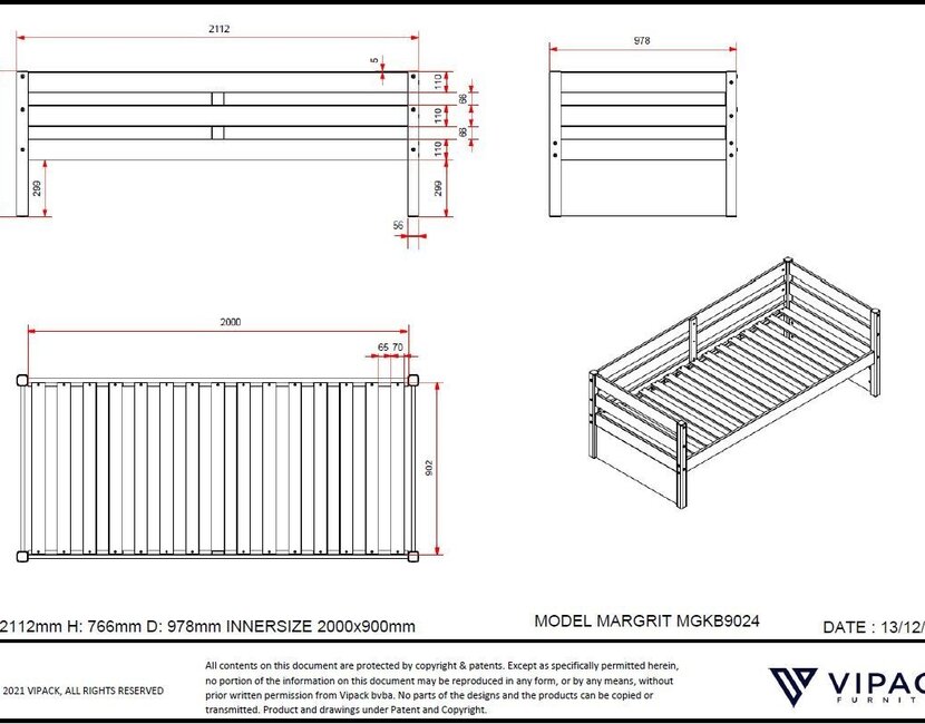 Bedbank Margrit - Zonder slaaplade - 90x200