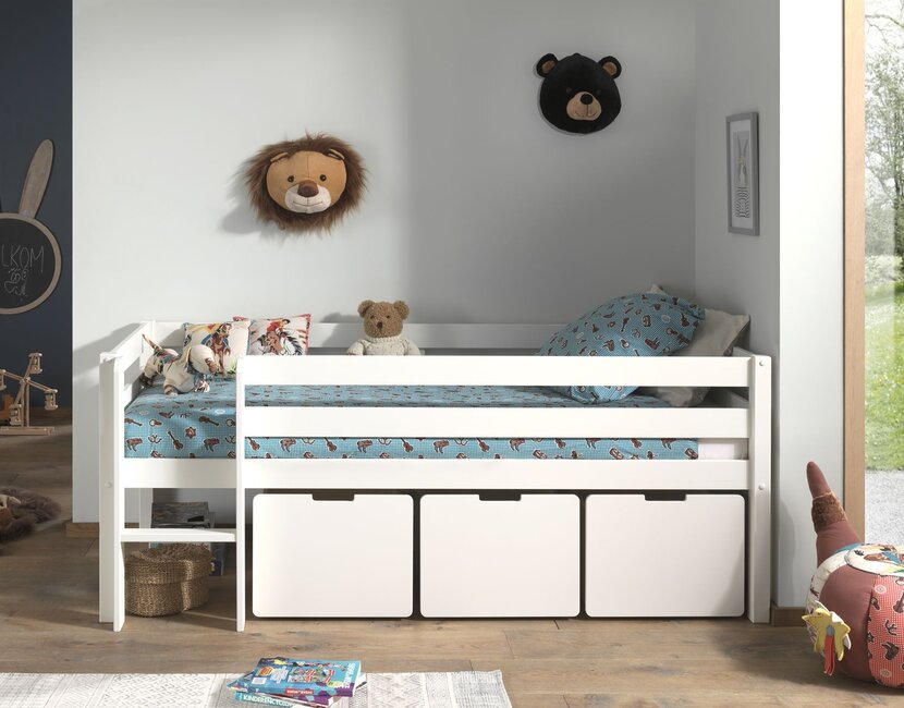 Halfhoogslaper Pino - Wit - 90x200 - met glijbaan en bedplank (variant 3)