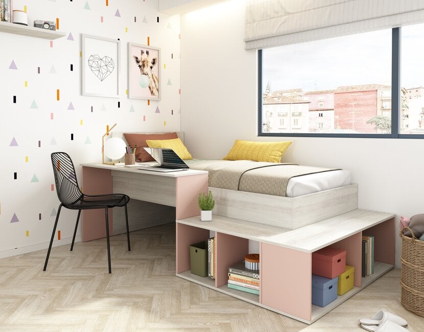 Kinderbed Blake - Roze en grijs eiken