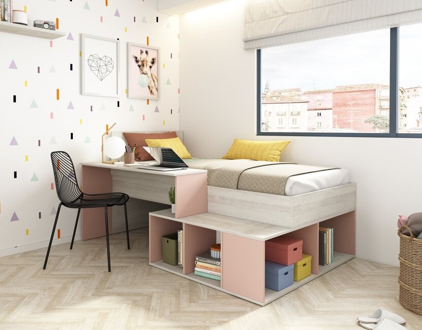 Kinderbed Blake - Roze en grijs eiken