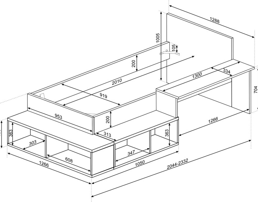 Kinderbed Blake - Blauw en grijs eiken