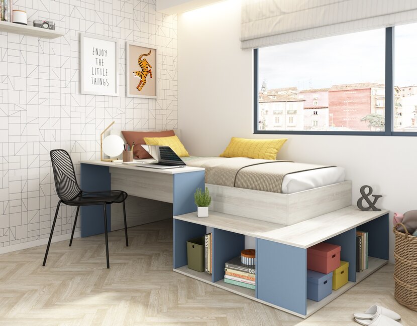 Kinderbed Blake - Blauw en grijs eiken