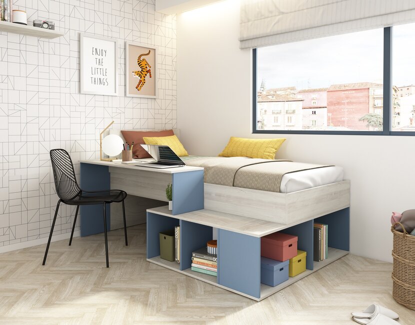 Kinderbed Blake - Blauw en grijs eiken