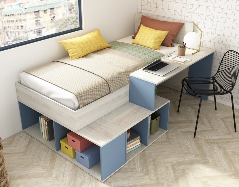 Kinderbed Blake - Blauw en grijs eiken