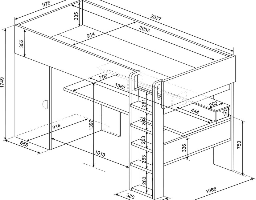 Hoogslaper Flow Grijs eiken/wit