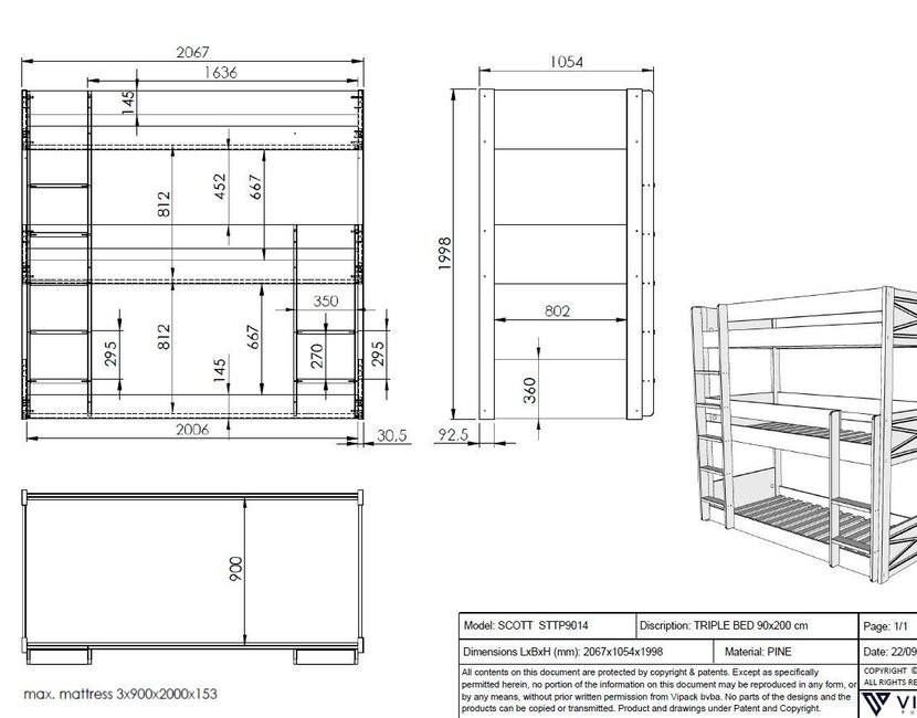 3 persoons stapelbed Scott - Wit