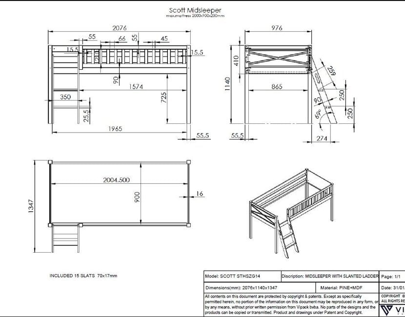 Halfhoogslaper Scott 90x200 - Wit - Variant 1
