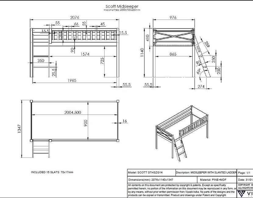 Halfhoogslaper Scott 90x200 - Wit - Variant 2