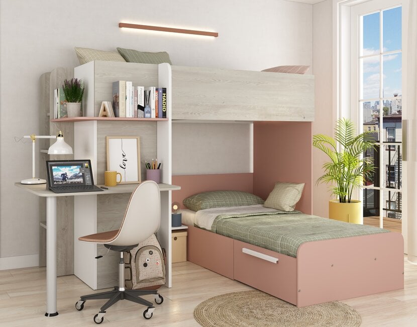 Stapelbed Palatino Grijs eiken - Roze 90x190