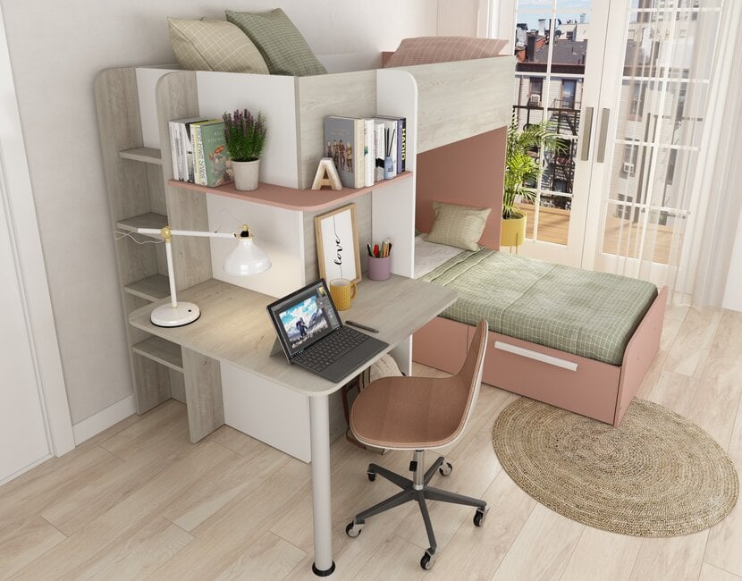 Stapelbed Palatino Grijs eiken - Roze 90x190