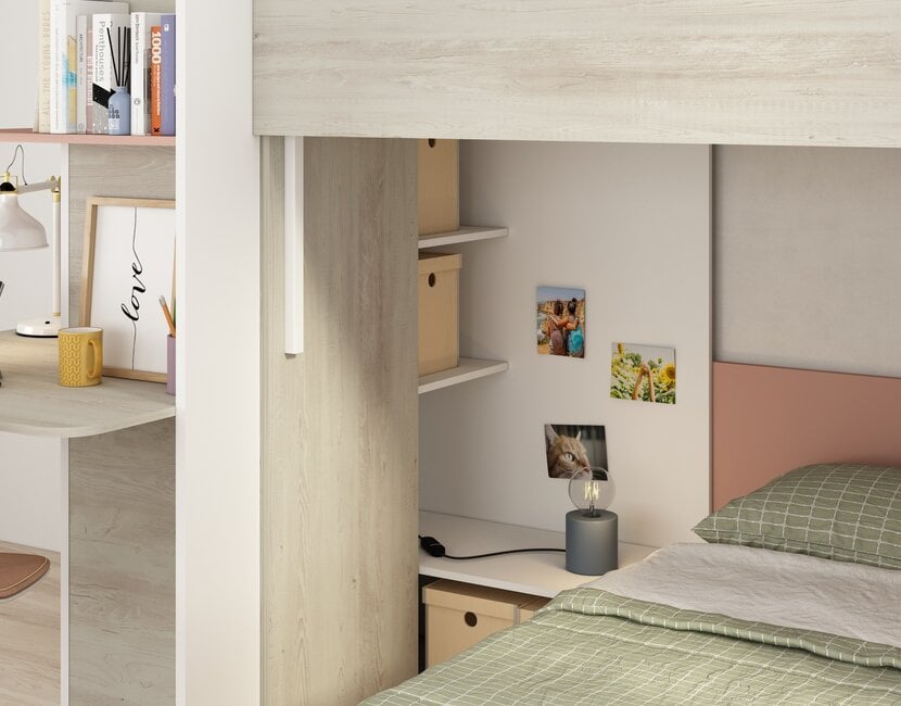 Stapelbed Palatino Grijs eiken - Roze 90x190