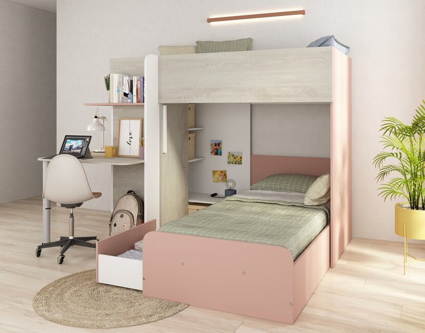 Stapelbed Palatino Grijs eiken - Roze 90x190