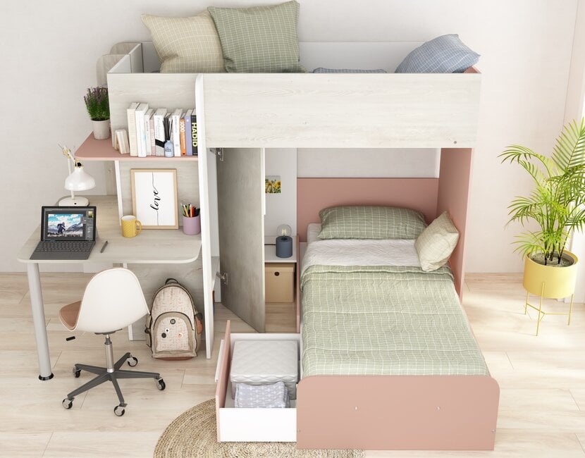 Stapelbed Palatino Grijs eiken - Roze 90x190