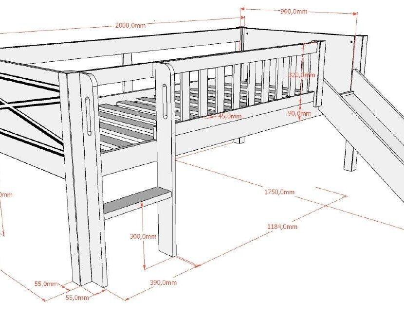 Halfhoogslaper Scott - Wit - 90x200 - laag model met glijbaan en 2 lades