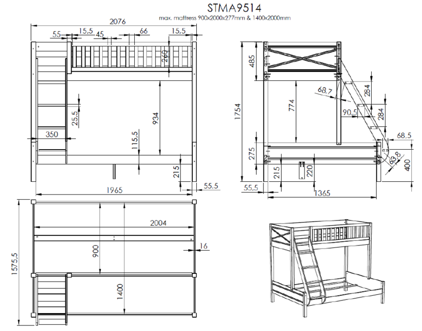 3 persoons stapelbed Scott - Wit - 140x200