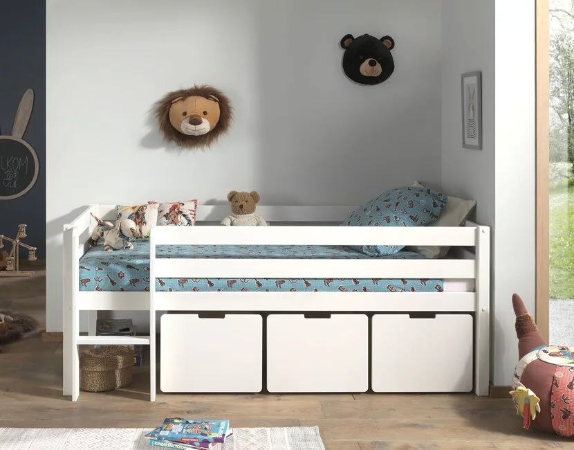 Halfhoogslaper Pino - Wit - 90x200 - met 3 lades en bedplank (variant 5)