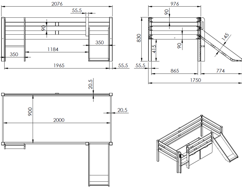 Halfhoogslaper Pino - Grijs - 90x200cm - met glijbaan, 2 lades en bedplank (variant 4)