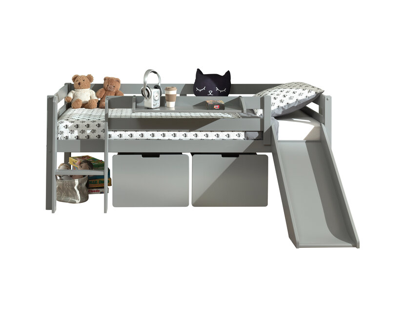 Halfhoogslaper Pino - Grijs - 90x200cm - met glijbaan, 2 lades en bedplank (variant 4)