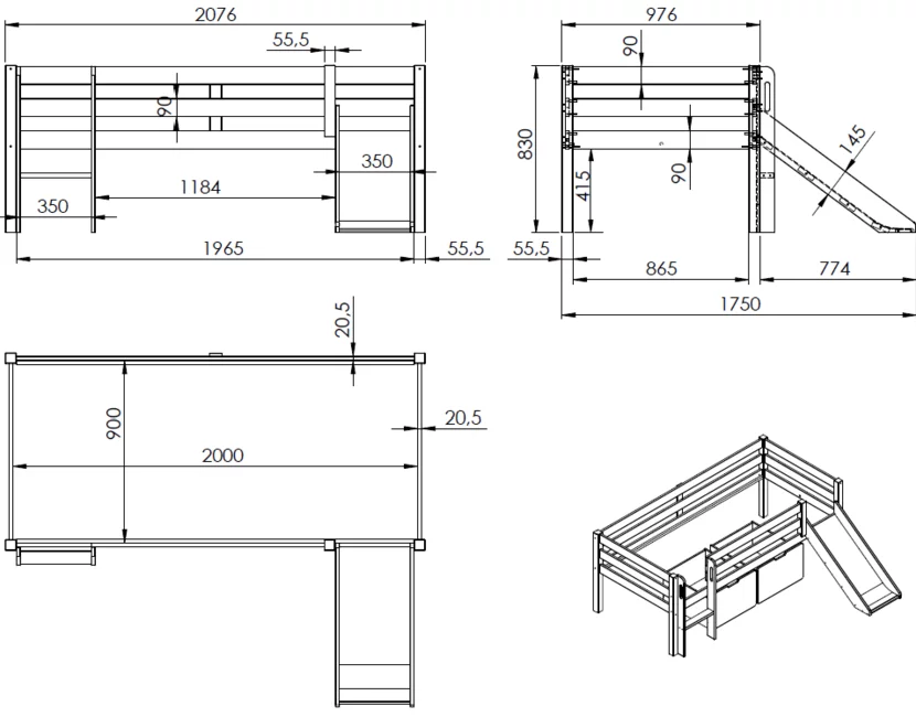 Halfhoogslaper Pino - Grijs - 90x200cm - met glijbaan en bedplank (variant 3)