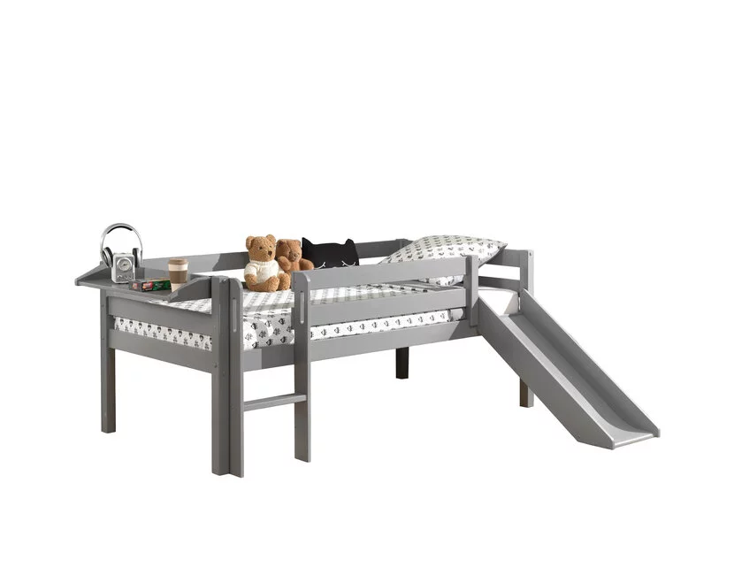 Halfhoogslaper Pino - Grijs - 90x200cm - met glijbaan en bedplank (variant 3)