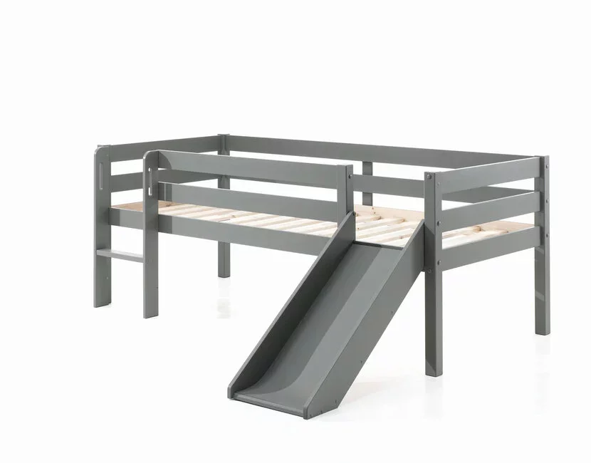 Halfhoogslaper Pino - Grijs - 90x200cm - met glijbaan en bedplank (variant 3)