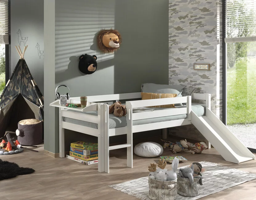 Halfhoogslaper Pino - Wit - 90x200 - met glijbaan en bedplank (variant 3)
