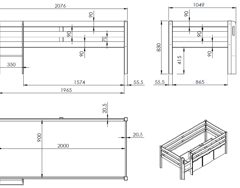 Halfhoogslaper Pino - Wit - 90x200 - met 3 lades (variant 5)