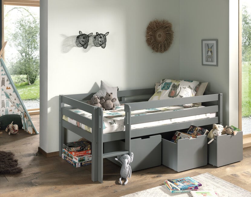 Halfhoogslaper Pino - Grijs - 90x200cm - met 3 lades en bedplank (variant 6)