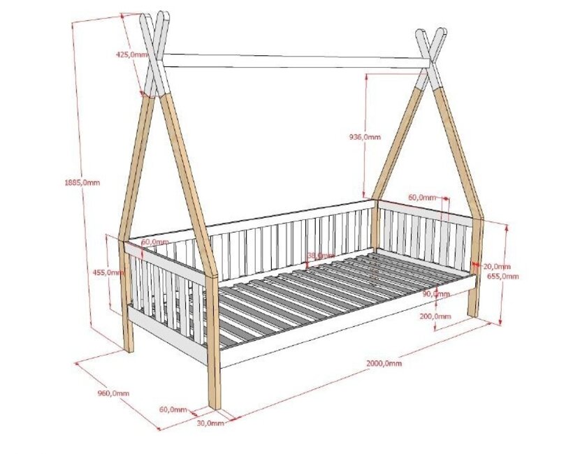 Bedbank Tipi - wit met naturel houtkleur - 90x200