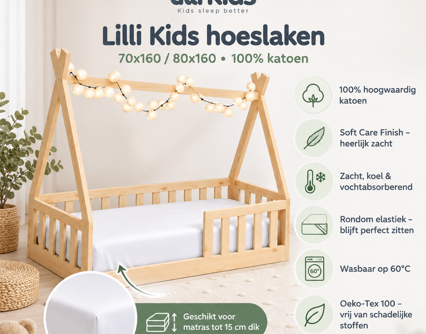 Hoeslaken Lilli Kids  - 70x160 / 80x160 - 100% Katoen - wit