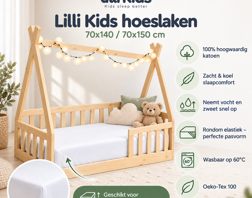 Hoeslaken Lilli Kids  - 70x140 / 70x150 - 100% Katoen - wit